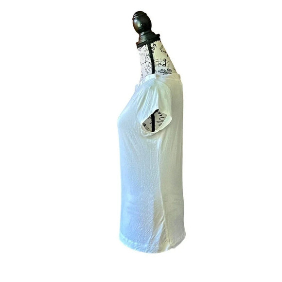 BCBGeneration Ivory White Boatneck Rayon Satin Trim Top Button Back Semi Sheer L - Picture 3 of 10